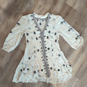 Free People Cream Tunic with Black and Gray Embroidery